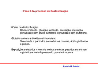 Fase II do processo de Destoxificação
6 Vias de destoxificação.
Glucoronidação, glicação, acilação, acetilação, metilação,
conjugação com grupo sulfatado, conjugação com glutationa.
Glutationa é um antioxidante intracelular.
Sintetizada a partir dos aminoácidos cisteína, ácido glutâmico
e glicina.
Exposição a elevados níveis de toxinas e metais pesados consomem
a glutationa mais depressa do que ela é reposta.
Eunice M. Santos
 