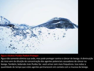 Água e Outros Fluidos Podem Proteger
Água não somente elimina sua sede, mas pode proteger contra o câncer de bexiga. A diminuição
do risco vem da diluição de concentração dos agentes potenciais causadores de câncer na
bexiga. Também, bebendo mais fluidos faz você urinar com mais frequência. Isso reduz a
quantidade de tempo que estes agentes permanecem em contato com a mucosa da bexiga.
 