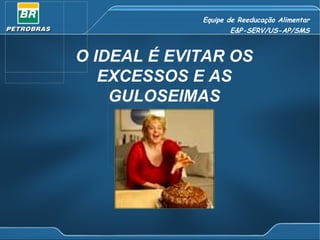 Equipe de Reeducação Alimentar
                    E&P-SERV/US-AP/SMS



O IDEAL É EVITAR OS
   EXCESSOS E AS
    GULOSEIMAS
 