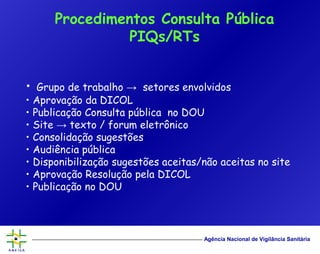 Agência Nacional de Vigilância Sanitária
• Grupo de trabalho → setores envolvidos
• Aprovação da DICOL
• Publicação Consulta pública no DOU
• Site → texto / forum eletrônico
• Consolidação sugestões
• Audiência pública
• Disponibilização sugestões aceitas/não aceitas no site
• Aprovação Resolução pela DICOL
• Publicação no DOU
Procedimentos Consulta Pública
PIQs/RTs
 