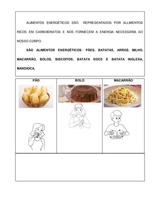 ALIMENTOS ENERGÉTICOS SÃO REPRESENTADOS POR ALLIMENTOS
RICOS EM CARBOIDRATOS E NOS FORNECEM A ENERGIA NECESSÁRIA AO
NOSSO CORPO.
SÃO ALIMENTOS ENERGÉTICOS: PÃES, BATATAS, ARROZ, MILHO,
MACARRÃO, BOLOS, BISCOITOS, BATATA DOCE E BATATA INGLESA,
MANDIOCA.
PÃO BOLO MACARRÃO
 