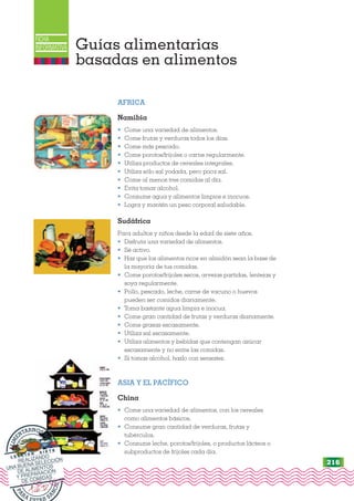(
FICHA
INFORMATIVA Guías alimentarias
basadas en alimentos
AFRICA
Namibia
• Come una variedad de alimentos.
• Come frutas y verduras todos los días.
• Come más pescado.
• Come porotos/frijoles o carne regularmente.
• Utiliza productos de cereales integrales.
• Utiliza sólo sal yodada, pero poca sal.
• Come al menos tres comidas al día.
• Evita tomar alcohol.
• Consume agua y alimentos limpios e inocuos.
• Logra y mantén un peso corporal saludable.
Sudáfrica
Para adultos y niños desde la edad de siete años.
• Disfruta una variedad de alimentos.
• Sé activo.
• Haz que los alimentos ricos en almidón sean la base de
la mayoría de tus comidas.
• Come porotos/frijoles secos, arvejas partidas, lentejas y
soya regularmente.
• Pollo, pescado, leche, carne de vacuno o huevos
pueden ser comidos diariamente.
• Toma bastante agua limpia e inocua.
• Come gran cantidad de frutas y verduras diariamente.
• Come grasas escasamente.
• Utiliza sal escasamente.
• Utiliza alimentos y bebidas que contengan azúcar
escasamente y no entre las comidas.
• Si tomas alcohol, hazlo con sensatez.
ASIA Y EL PACÍFICO
China
• Come una variedad de alimentos, con los cereales
como alimentos básicos.
• Consume gran cantidad de verduras, frutas y
tubérculos.
• Consume leche, porotos/frijoles, o productos lácteos o
subproductos de frijoles cada día.
P
A
RA SA
N
O
S
A
L
I
M
E
NTARNOS B
I
E
N
L E C C I Ó N S I E T E
REALIZANDO
UNA BUENA SELECCIÓN
DE ALIMENTOS
Y PREPARACIÓN
DE COMIDAS
216
 