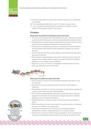 FICHA
INFORMATIVA
Guías alimentarias basadas en alimentos (cont.)
9. Consume legumbres al menos dos veces por semana, sin mezclarlas
con cecinas.
10. Para mantenerte hidratado, toma 6 a 8 vasos de agua al día.
11. Lee y compara las etiquetas de los alimentos y prefiere los que
tengan menos grasas, azúcar y sal (sodio).
Colombia
Guías para la población colombiana menor de 2 años.
• Para el mejor comienzo de la vida alimente al niño o niña sólo con leche
materna hasta los 6 meses y continúe amamantándolo hasta los 2 años.
• Complemente la leche materna a partir de los 6 meses, dando al niño o
niña en forma progresiva, alimentos de los siete grupos.
• Para prevenir la anemia en los niños y niñas procure darles después
de los 6 meses carne todos los días y pajarilla o hígado una vez por
semana.
• A partir del año los niños y niñas deben comer de todos los alimentos
que come la familia.
• Para prevenir enfermedades en los niños, lávese las manos antes de
preparar las comidas, hierva el agua y ponga en práctica cuidados
higiénicos en el manejo de los alimentos.
• Acaricie a su hijo con ternura y exprésele constantemente su amor
para que aprenda a vivir en armonía.
Guías para la población mayor de 2 años
• Para proteger su salud coma diariamente alimentos de cada uno de
los 7 grupos.
• Aumente el consumo diario de frutas al natural y de hortalizas y
verduras.
• Es necesario controlar el consumo en exceso de sal, dulces y grasas de
origen animal, para prevenir enfermedades.
• Para prevenir enfermedades infecciosas, lávese las manos antes de
preparar las comidas, hierva el agua y ponga en práctica cuidados
higiénicos en el manejo de alimentos.
• Aliméntese bien y controle su peso con frecuencia para proteger la
salud.
• Hacer deporte por lo menos tres veces a la semana ayuda a mantener
la mente, el corazón y el cuerpo sanos.
• Comparta la alimentación en familia, para fortalecer hábitos
alimentarios, valores, comportamientos y la unidad familiar.
• Para vivir en armonía y construir la paz, exprese su amor y practique la
tolerancia y solidaridad todos los días como parte de su estilo de vida.
P
A
R
A
ESTAR SAN
O
S
A
L
I
M
ENTARNOS
B
I
E
N
L E C C I Ó N S I E T E
REALIZANDO
UNA BUENA SELECCIÓN
DE ALIMENTOS
Y PREPARACIÓN
DE COMIDAS
222
 