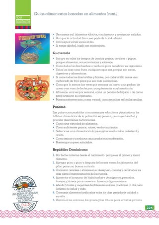 FICHA
INFORMATIVA
Guías alimentarias basadas en alimentos (cont.)
• Usa menos sal, alimentos salados, condimentos y meriendas saladas.
• Haz que la actividad física sea parte de tu vida diaria.
• Toma agua varias veces al día.
• Si tomas alcohol, hazlo con moderación.
Guatemala
• Incluya en todos los tiempos de comida granos, cereales o papas,
porque alimentan, son económicos y sabrosos.
• Coma todos los días hierbas o verduras para beneficiar su organismo.
• Todos los días coma fruta, cualquiera que sea, porque son sanas,
digestivas y alimenticias.
• Si come todos los días tortillas y frijoles, por cada tortilla coma una
cucharada de fríjol para que sea más sustanciosa.
• Coma por lo menos dos veces por semana un huevo o un pedazo de
queso o un vaso de leche para complementar su alimentación.
• Al menos, una vez por semana, coma un pedazo de hígado o de carne
para fortalecer su organismo.
• Para mantenerse sano, coma variado como se indica en la olla familiar.
Panamá
Las guías son concebidas como mensajes educativos para mejorar los
hábitos alimenticios de la población en general, promover la salud y
prevenir desórdenes nutricionales.
• Coma una variedad de alimentos.
• Coma suficientes granos, raíces, verduras y frutas.
• Seleccione una alimentación baja en grasas saturadas, colesterol y
aceite.
• Coma azúcar y productos azucarados con moderación.
• Mantenga un peso saludable.
República Dominicana
1. Dar leche materna desde el nacimiento porque es el primer y mejor
alimento.
2. Agregar poco a poco y después de los seis meses los alimentos del
pilón para una buena nutrición
3. Consumir cereales o víveres en el desayuno, comida y cena todos los
días para el mantenimiento de la energía.
4. Aumentar el consumo de habichuelas y otros granos, pescados,
huevos y lácteos para conservar huesos y órganos sanos.
5. Añadir 5 frutas y vegetales de diferentes colores y sabores al día para
llenarse de salud y vida.
6. Consumir alimentos fortificados todos los días para darle calidad a
su vida.
7. Disminuir los azúcares, las grasas y las frituras para evitar la gordura.
P
A
R
A
ESTAR SA
N
O
S
A
L
I
M
ENTARNOS
B
I
E
N
L E C C I Ó N S I E T E
REALIZANDO
UNA BUENA SELECCIÓN
DE ALIMENTOS
Y PREPARACIÓN
DE COMIDAS
224
 