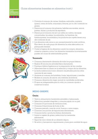 FICHA
INFORMATIVA
• Controle el consumo de carnes, fiambres, embutidos, manteca,
quesos, crema de leche, mayonesa y frituras, por su alto contenido en
grasas.
• Disminuya el consumo de golosinas, bebidas azucaradas, azúcar,
postres, dulces y productos de repostería.
• Disminuya el consumo de sal. Los caldos en cubitos, las sopas
concentradas, las salsas, los embutidos, los fiambres, las
hamburguesas, los enlatados y los productos de copetín tienen muy
alto contenido de sal.
• Los alimentos más caros no son necesariamente los más nutritivos.
Elija dentro de cada grupo de alimentos los más adecuados a su
presupuesto familiar.
• Cuide la higiene de los alimentos cuando los compra, almacena,
conserva, prepara y sirve. Los alimentos manejados incorrectamente
pueden ser causa de enfermedades graves.
Venezuela
• Consuma diariamente alimentos de todos los grupos básicos.
• Realice 30 minutos da actividad física diariamente.
• Practique hábitos higiénicos en la preparación de las comidas.
• Administre bien su dinero en la selección y compra de los alimentos.
• La leche materna es el único alimento insustituible para los niños
menores de seis meses.
• Aumente el consumo de hortalizas, frutas, leguminosas y cereales.
• Modere el consumo de azúcar, sal y bebidas alcohólicas.
• Consuma alimentos de origen animal en cantidades moderadas.
• El agua es indispensable para la vida y su consumo ayuda a
conservar la salud.
MEDIO ORIENTE
Omán
• Varía tu alimentación haciéndola saludable y balanceada.
• Selecciona cereales integrales y consume papas con su piel.
• Consume 3-5 porciones de verduras al día.
• Consume 2-4 porciones de frutas al día.
• Consume pescado, aves de corral, huevos o carne magra.
• Consume una porción de leguminosas diariamente.
• Consume leche o productos lácteos diariamente.
• Limita tu ingesta de grasa y selecciona tus meriendas
sabiamente.
• Sigue las cinco claves de un alimento seguro.
• Sé activo y haz ejercicio regularmente y toma gran cantidad de agua.
Guías alimentarias basadas en alimentos (cont.)
P
A
R S
A
N
O
S
A
L
I
M
E
NTARNOS BI
E
N
L E C C I Ó N
S I E T E
REALIZANDO
UNA BUENA SELECCIÓN
DE ALIMENTOS
Y PREPARACIÓN
DE COMIDAS
226
 
