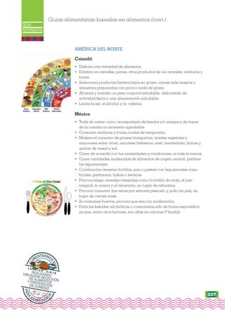 PI Plato del Bien Comer
FICHA
INFORMATIVA
Guías alimentarias basadas en alimentos (cont.)
AMÉRICA DEL NORTE
Canadá
• Disfruta una variedad de alimentos.
• Enfatiza en cereales, panes, otros productos de los cereales, verduras y
frutas.
• Selecciona productos lácteos bajos en grasa, carnes más magras y
alimentos preparados con poca o nada de grasa.
• Alcanza y mantén un peso corporal saludable, disfrutando de
actividad física y una alimentación saludable.
• Limita la sal, el alcohol y la cafeína.
México
• Trata de comer «rico» acompañado de familia y/o amigos y de hacer
de la comida un momento agradable.
• Consume verduras y frutas crudas de temporada.
• Modera el consumo de grasas (margarina, aceites vegetales y
mayonesa entre otros), azúcares (refrescos, miel, mermelada, dulces y
azúcar de mesa) y sal.
• Come de acuerdo con tus necesidades y condiciones, ni más ni menos.
• Come cantidades moderadas de alimentos de origen animal, prefiere
las leguminosas.
• Combina los cereales (tortillas, pan o pastas) con leguminosas como
frijoles, garbanzos, habas o lentejas.
• Procura elegir cereales integrales como la tortilla de maíz, el pan
integral, la avena y el amaranto, en lugar de refinados.
• Procura consumir dos veces por semana pescado y pollo sin piel, en
lugar de carnes rojas.
• Si consumes huevos, procura que sea con moderación.
• Evita las bebidas alcohólicas o consúmelas sólo de forma esporádica
ya que, entre otros factores, son altas en calorías (7 kcal/g).
P
A
R
A
ESTAR SAN
O
S
A
L
I
M
ENTARNO
S
B
I
E
N
L E C C I Ó N S I E T E
REALIZANDO
UNA BUENA SELECCIÓN
DE ALIMENTOS
Y PREPARACIÓN
DE COMIDAS
227
 