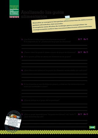 FICHA
DE TRABAJO
PREGÚNTATE
A TI MISMO
Analizando las guías
alimentarias
Estudia y compara las guías alimentarias de diferentes
países alrededor del mundo.
Completa esta Ficha de trabajo para comprobar tu
comprensión sobre las recomendaciones alimenticias.
1. ¿Las Guías dividen siempre los alimentos en grupos? Sí ❐ No ❐
Si la respuesta es “sí” ¿Cuáles son los grupos de alimentos?
.................................................................................................................................................
.................................................................................................................................................
2. ¿Tienen todas las guías el mismo número de grupos de alimentos? Sí ❐ No ❐
3. En tu opinión, ¿Cómo se ubican los alimentos en los grupos?
.................................................................................................................................................
.................................................................................................................................................
.................................................................................................................................................
4. ¿Qué diferencias existen en los grupos de alimentos recomendados por cada país?
.................................................................................................................................................
.................................................................................................................................................
.................................................................................................................................................
5. Si los alimentos no son divididos en grupos, ¿cuáles son las recomendaciones
sobre las cantidades a comer?
.................................................................................................................................................
.................................................................................................................................................
.................................................................................................................................................
6. ¿Qué se incluye en el grupo de las proteínas?
.................................................................................................................................................
.................................................................................................................................................
.................................................................................................................................................
7. ¿Hay un grupo separado para “los productos lácteos” o la “leche”? Sí ❐ No ❐
¿Qué alimentos hay allí?
.................................................................................................................................................
.................................................................................................................................................
.................................................................................................................................................
P
A
R
A
ESTAR SANO
S
A
L
I
MENTARNO
S
B
I
E
N
L E C C I Ó N
S I E T E
REALIZANDO
UNA BUENA SELECCIÓN
DE ALIMENTOS
Y PREPARACIÓN
DE COMIDAS
228
 