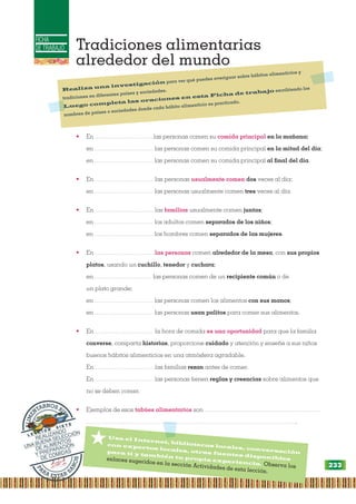 FICHA
DE TRABAJO Tradiciones alimentarias
alrededor del mundo
• En .......................................las personas comen su comida principal en la mañana;
en ....................................... las personas comen su comida principal en la mitad del día;
en ....................................... las personas comen su comida principal al final del día.
• En ....................................... las personas usualmente comen dos veces al día;
en ....................................... las personas usualmente comen tres veces al día.
• En ....................................... las familias usualmente comen juntas;
en ....................................... los adultos comen separados de los niños;
en ....................................... los hombres comen separados de las mujeres.
• En ....................................... las personas comen alrededor de la mesa, con sus propios
platos, usando un cuchillo, tenedor y cuchara;
en....................................... las personas comen de un recipiente común o de
un plato grande;
en ....................................... las personas comen los alimentos con sus manos;
en ....................................... las personas usan palitos para comer sus alimentos.
• En ....................................... la hora de comida es una oportunidad para que la familia
converse, comparta historias, proporcione cuidado y atención y enseñe a sus niños
buenos hábitos alimenticios en una atmósfera agradable.
En ....................................... las familias rezan antes de comer.
En ....................................... las personas tienen reglas y creencias sobre alimentos que
no se deben comer.
• Ejemplos de esos tabúes alimentarios son ..............................................................................
.............................................................................................................................................
*Usa el Internet, bibliotecas locales, conversación
con expertos locales, otras fuentes disponibles
para ti y también tu propia experiencia. Observa los
enlaces sugeridos en la sección Actividades de esta lección.
Realiza una investigación para ver qué puedes averiguar sobre hábitos alimenticios y
tradiciones en diferentes países y sociedades.
Luego completa las oraciones en esta Ficha de trabajo escribiendo los
nombres de países o sociedades donde cada hábito alimenticio es practicado.
P
A
RA ESTAR S
A
N
O
S
A
L
I
M
E
NTARNOS BI
E
N
L E C C I Ó N
S I E T E
REALIZANDO
UNA BUENA SELECCIÓN
DE ALIMENTOS
Y PREPARACIÓN
DE COMIDAS
233
 