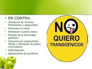 EN CONTRA: Utilización de muchos fertilizantes y plaguicidas. Erosionan el suelo. Amenazan nuestra salud. Pérdida de la diversidad genética. Consumo de combustibles fósiles y liberación de gases invernadero. Deforestación. Agotamiento de acuíferos. 