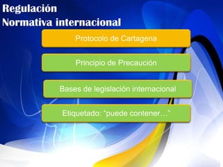 Regulación
Normativa internacional
               Protocolo de Cartagena


               Principio de Precaución


           Bases de legislación internacional


           Etiquetado: “puede contener…”
 