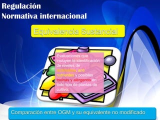 Regulación
Normativa internacional



              Evaluaciones que
              incluyen la identificación
              de niveles de
              nutrientes, anti
              nutrientes y posibles
              toxinas y alérgenos en
              todo tipo de plantas de
              cultivo.
 