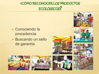 ¿CÓMO RECONOCER LOS PRODUCTOS
ECOLÓGICOS?
 Conociendo la
procedencia
 Buscando un sello
de garantía
 
