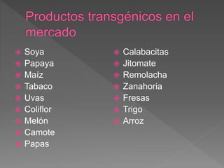  Soya
 Papaya
 Maíz
 Tabaco
 Uvas
 Coliflor
 Melón
 Camote
 Papas
 Calabacitas
 Jitomate
 Remolacha
 Zanahoria
 Fresas
 Trigo
 Arroz
 