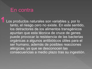 Los productos naturales son variables y, por lo
tanto, el riesgo cero no existe. En este sentido,
los detractores de los alimentos transgénicos
apuntan que esta técnica de cruce de genes
puede provocar la resistencia de las bacterias
orgánicas a algunos antibióticos útiles para el
ser humano, además de posibles reacciones
alérgicas, ya que se desconocen las
consecuencias a medio plazo tras su ingestión.
 