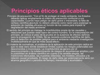 Principio de precaución: “Con el fin de proteger el medio ambiente, los Estados
deberán aplicar ampliamente el criterio de precaución conforme a sus
capacidades. Cuando haya peligro de daño grave o irreversible, la falta de
certeza científica absoluta no deberá utilizarse como razón para postergar la
adopción de medidas eficaces en función de los costos para impedir la
degradación del medio ambiente”
El sentido del principio es manejar la incertidumbre propia de las causales y
relaciones que puedan estar fuera del control humano. En la interpretación del
principio, se coloca el peso de la prueba en la ausencia de efectos dañinos
para la propagación de OGMs. No se necesita evidencia científica del daño,
pero si detección de posibles peligros para el ambiente mediante investigación
multidisciplinaria en que se mida causa-efecto.
En materia de normativas, el problema de la aplicación de este principio radica en
que no está claro dónde establecer límites cuando los riesgos potenciales son
desconocidos o inconclusos. La incertidumbre se genera por el
desconocimiento y la indeterminación de riesgos en ecosistemas amplios y por
la posibilidad de análisis científico en cuanto a la variable elegida, las
mediciones efectuadas, las muestras obtenidas, los modelos utilizados y la
relación causal empleada. El riesgo de daño debe ser potencialmente serio (en
alcance geográfico o periodos de tiempo), irreversible y acumulativo
 