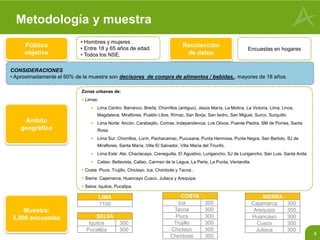 4
Metodología y muestra
Zonas urbanas de:
 Limas:
 Lima Centro: Barranco, Breña, Chorrillos (antiguo), Jesús María, La Molina, La Victoria, Lima, Lince,
Magdalena, Miraflores, Pueblo Libre, Rímac, San Borja, San Isidro, San Miguel, Surco, Surquillo.
 Lima Norte: Ancón, Carabayllo, Comas, Independencia, Los Olivos, Puente Piedra, SM de Porres, Santa
Rosa.
 Lima Sur: Chorrillos, Lurín, Pachacamac, Pucusana, Punta Hermosa, Punta Negra, San Bartolo, SJ de
Miraflores, Santa María, Villa El Salvador, Villa María del Triunfo.
 Lima Este: Ate, Chaclacayo, Cieneguilla, El Agustino, Lurigancho, SJ de Lurigancho, San Luis, Santa Anita
 Callao: Bellavista, Callao, Carmen de la Legua, La Perla, La Punta, Ventanilla.
 Costa Piura, Trujillo, Chiclayo, Ica, Chimbote y Tacna..
 Sierra: Cajamarca, Huancayo Cusco, Juliaca y Arequipa
 Selva: Iquitos, Pucallpa.
• Hombres y mujeres .
• Entre 18 y 65 años de edad.
• Todos los NSE.
Público
objetivo
Ámbito
geográfico
Muestra:
5,000 encuestas
Encuestas en hogares
Recolección
de datos
COSTA
Ica 300
Tacna 300
Piura 300
Trujillo 300
Chiclayo 300
Chimbote 300
SIERRA
Cajamarca 300
Arequipa 300
Huancayo 300
Cusco 300
Juliaca 300
SELVA
Iquitos 300
Pucallpa 300
LIMA
1100
CONSIDERACIONES
• Aproximadamente el 60% de la muestra son decisores de compra de alimentos / bebidas,, mayores de 18 años.
 