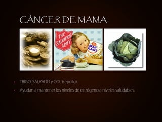 CÁNCER DE MAMA




•   TRIGO, SALVADO y COL (repollo).

•   Ayudan a mantener los niveles de estrógeno a niveles saludables.
 