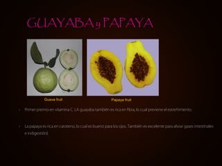 GUAYABA y PAPAYA




                Guava fruit                             Papaya fruit

•   Primer premio en vitamina C. LA guayaba también es rica en fibra, lo cual previene el estreñimiento.



•   La papaya es rica en caroteno, lo cual es bueno para los ojos. También es excelente para aliviar gases intestinales
    e indigestión).
 