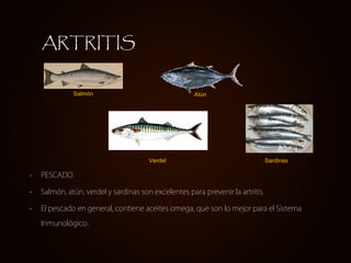 ARTRITIS


              Salmón                                  Atún




                                       Verdel                                   Sardinas

•   PESCADO

•   Salmón, atún, verdel y sardinas son excelentes para prevenir la artritis.

•   El pescado en general, contiene aceites omega, que son lo mejor para el Sistema
    Inmunológico.
 