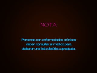 NOTA Personas con enfermedades crónicas deben consultar al médico para elaborar una lista dietética apropiada. 