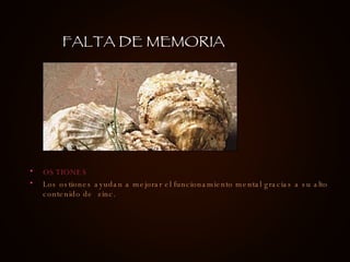 OSTIONES Los ostiones ayudan a mejorar el funcionamiento mental gracias a su alto contenido de  zinc.  FALTA DE MEMORIA 