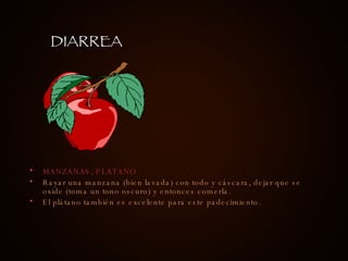 MANZANAS, PLATANO Rayar una manzana (bien lavada) con todo y cáscara, dejar que se oxide (toma un tono oscuro) y entonces comerla. El plátano también es excelente para este padecimiento. DIARREA 