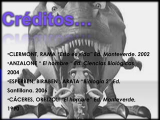 CLERMONT, RAMA  “Esto es vida” Ed. Monteverde. 2002 ANZALONE “  El hombre “ Ed. Ciencias Biológicas 2004 ESPERBEN, BIRABEN ; ARATA “ Biología 2” Ed. Santillana. 2006 CÁCERES, OREZZOLI  “El hombre” Ed. Monteverde, 1990 