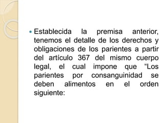  Establecida la premisa anterior, 
tenemos el detalle de los derechos y 
obligaciones de los parientes a partir 
del artículo 367 del mismo cuerpo 
legal, el cual impone que “Los 
parientes por consanguinidad se 
deben alimentos en el orden 
siguiente: 
 