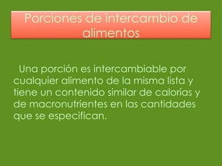 Una porción es intercambiable por cualquier alimento de la misma lista y tiene un contenido similar de calorías y de macronutrientes en las cantidades que se especifican.  Porciones de intercambio de alimentos 
