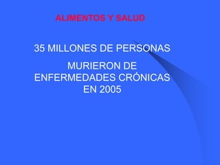 35 MILLONES DE PERSONAS
MURIERON DE
ENFERMEDADES CRÓNICAS
EN 2005
ALIMENTOS Y SALUD
 