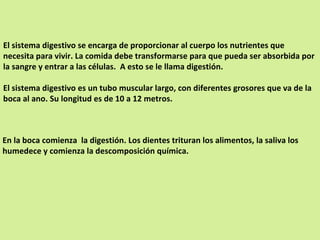 El sistema digestivo se encarga de proporcionar al cuerpo los nutrientes que necesita para vivir. La comida debe transformarse para que pueda ser absorbida por la sangre y entrar a las células.  A esto se le llama digestión.  El sistema digestivo es un tubo muscular largo, con diferentes grosores que va de la boca al ano. Su longitud es de 10 a 12 metros. En la boca comienza  la digestión. Los dientes trituran los alimentos, la saliva los  humedece y comienza la descomposición química.  