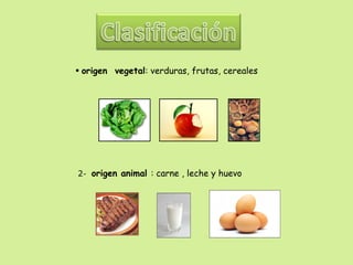 origen  vegetal : verduras, frutas, cereales 2 -   origen animal  : carne , leche y huevo 