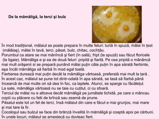 De la mămăligă, la terci şi bulz




În mod tradiţional, mălaiul se poate prepara în multe feluri: turtă în spuză, mălai în ţest
 (mălăiaş), mălai în tavă, terci, păsat, bulz, chitac, cocîrţău.
Porumbul ca atare se mai mănîncă şi fiert (în oală), fript (la spuză) sau făcut floricele
 (la tigaie). Mămăliga e şi ea de două feluri: pripită şi fiartă. Pe cea pripită o mănâncă
mai mult orăşenii si se prepară punând mălai puţin câte puţin în apa sărată fierbinte,
aşa încât mămăliga să fiarbă în mod egal toată.
Fierberea durează mai puţin decât la mămăliga vârtoasă, preferată mai mult la ţară .
În acest caz, mălaiul se pune tot dintr-odată în apa sărată, se lasă să fiarbă până
încearcă de mai multe ori să dea în foc, ca laptele. Atunci, se sparge cu făcăleţul.
La sate, mămăliga vârtoasă nu se taie cu cuţitul, ci cu sfoară.
Terciul de mălai nu e altceva decât mămăligă pe jumătate lichidă, pe care o mâncau
copiii cu plăcere cu felii de brînză sau zeamă de prune.
Păsatul este tot un fel de terci, însă mălaiul din care e făcut e mai grunjos, mai mare
şi mai tare la fir.
Cocoloşul sau bulzul se face din brânză învelită în mămăligă şi coaptă apoi pe cărbuni.
În unele locuri, mălaiul se amestecă cu dovleac fiert.
 