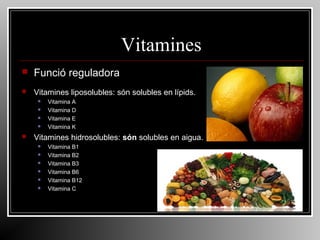 Vitamines


Funció reguladora



Vitamines liposolubles: són solubles en lípids.







Vitamina A
Vitamina D
Vitamina E
Vitamina K

Vitamines hidrosolubles: són solubles en aigua.







Vitamina B1
Vitamina B2
Vitamina B3
Vitamina B6
Vitamina B12
Vitamina C

 