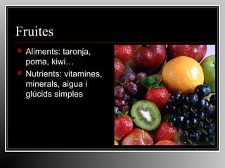 Fruites




Aliments: taronja,
poma, kiwi…
Nutrients: vitamines,
minerals, aigua i
glúcids simples

 
