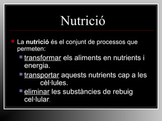 Nutrició


La nutrició és el conjunt de processos que
permeten:

transformar els aliments en nutrients i
energia.
 transportar aquests nutrients cap a les
cèl·lules.
 eliminar les substàncies de rebuig
cel·lular.


 