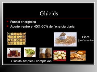 Glúcids



Funció energètica
Aporten entre el 45%-50% de l’energia diària
Fibra
(no s’assimila)

Glúcids simples i complexos

 