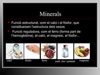 Minerals




Funció estructural, com el calci i el fòsfor, que
constitueixen l’estructura dels ossos.
Funció reguladora, com el ferro (forma part de
l’hemoglobina), el calci, el magnesi, el fòsfor...

calci

fòsfor

ferro

sodi, clor i potassi

magnesi

 