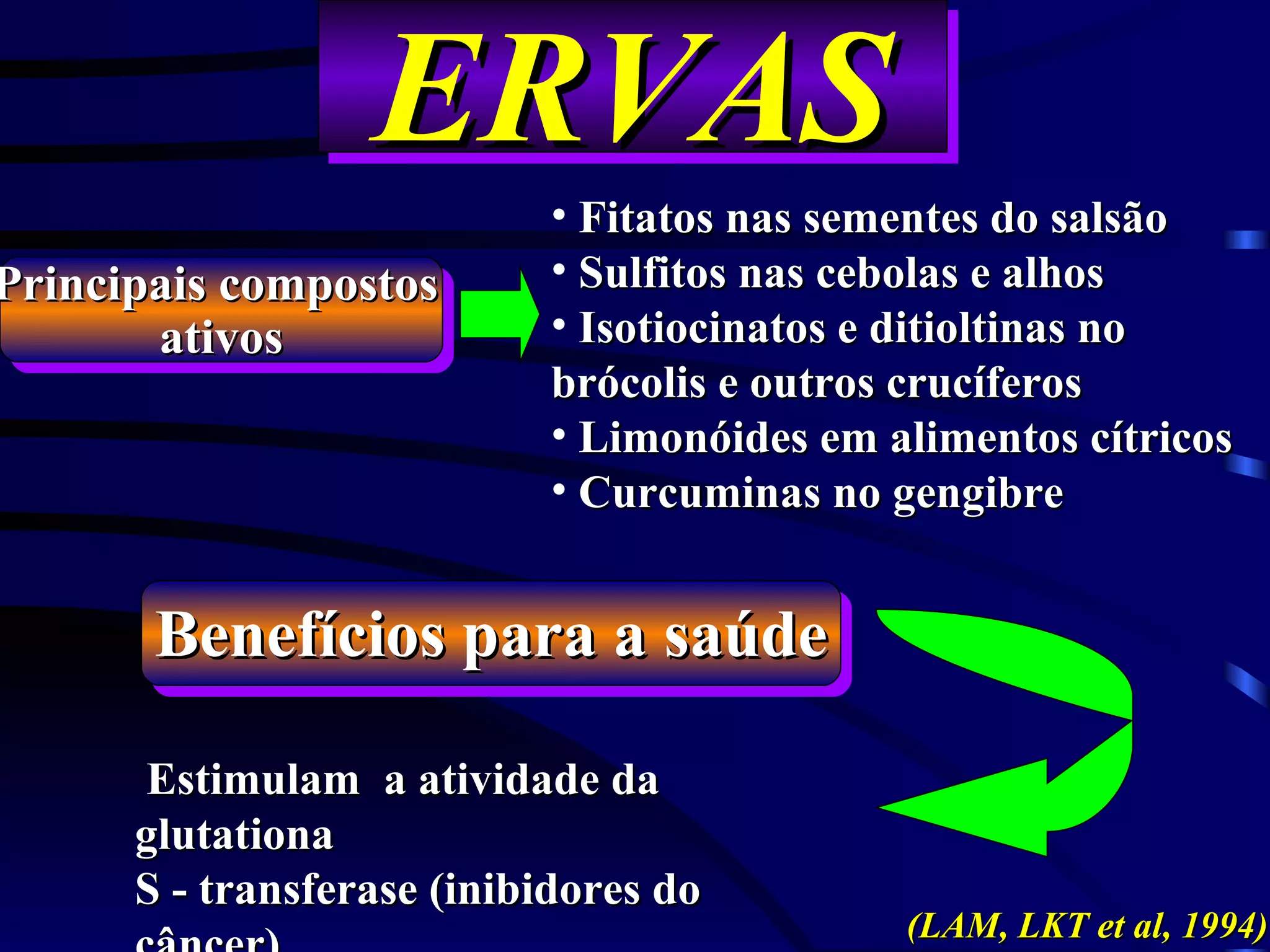 ERVAS
                           • Fitatos nas sementes do salsão
Principais compostos       • Sulfitos nas cebolas e alhos
       ativos              • Isotiocinatos e ditioltinas no
                           brócolis e outros crucíferos
                           • Limonóides em alimentos cítricos
                           • Curcuminas no gengibre


       Benefícios para a saúde

      Estimulam a atividade da
      glutationa
      S - transferase (inibidores do
                                            (LAM, LKT et al, 1994)
 