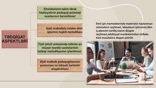 TƏDQİQAT
ASPEKTLƏRİ
5)tələbələrin təlim-idrak
fəaliyyətinin pedaqoji-psixoloji
əsaslarının öyrənilməsi
6)ali məktəbdə tələbə elmi
işlərinin təşkili metodikası
7)ali təhsil sistemində təlimin ən
müasir texniki vasitələrinin
tətbiqi metodikasının işlənilməsi;
8)ali məktəb pedaqogikasının
yaranınası və inkişafı tarixinin
araşdırılması
Elmi işin mərhələlərində materialın toplanması
mövzuların seçilməsi, ideyaların işlənməsi,ilkin
iş planının tərtibi,vaxtın düzgün
seçilməsi,ədəbiyyat mənbələrindən istifadə
kimi məsələlərə diqqət yetirilir.
 