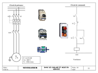 Circuit de puissance                                                  Circuit de commande




                            Q2                                                         Q2




                 I> I> I>                                                          S1




        KM1


                                                                                  S2              Km1




                                                                                            KM1
                    M
                    3              P : 0,155 kW
                                   Un : 400 V                                          Ventilateur
                                   N : 1500 tr/min


Nom :                            VENTILATEUR         BANC DE CABLAGE ET MISE EN     Folio : 01
                                                              SERVICE
                                                                                                        11
Créé le :                                                                           sujet
 