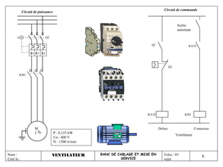 Circuit de commande
            Circuit de puissance


                                                                                                 Sortie
                                                                                                 automate

                            Q2

                                                                             Q2                         KA10

                 I> I> I>


                                                                                           Q2

        KM1




                                                                           KA10                       KM1



                    M                                                             Défaut                      Contacteur
                    3              P : 0,155 kW
                                                                                                Ventilateur
                                   Un : 400 V
                                   N : 1500 tr/min


Nom :                            VENTILATEUR         BANC DE CABLAGE ET MISE EN      Folio : 01
                                                              SERVICE
                                                                                                                   8
Créé le :                                                                            sujet
 
