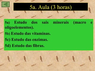 5a. Aula (3 horas)

5a)  Estudo dos sais minerais   (macro   e
oligoelementos).
5b) Estudo das vitaminas.
5c) Estudo das enzimas.
5d) Estudo das fibras.
 