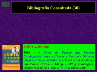 Bibliografia Consultada (30)




SHINYA, Hiromi:
2010 - A Dieta do Futuro que Previne
Cardiopatias, cura o Câncer e Controla Diabetes
(Byoki ni Naranai Ikikata) - 1ª Ed. - Ed. Cultrix -
São Paulo - Brasil - 142 p. - 239 g. (Português)
[ISBN: 978-85-3161068-4] [BCM: 185.037.01]
 