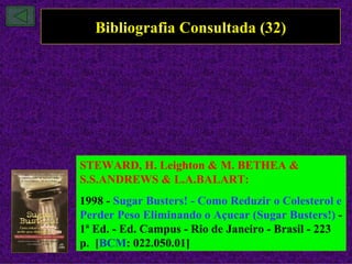 Bibliografia Consultada (32)




STEWARD, H. Leighton & M. BETHEA &
S.S.ANDREWS & L.A.BALART:
1998 - Sugar Busters! - Como Reduzir o Colesterol e
Perder Peso Eliminando o Açucar (Sugar Busters!) -
1ª Ed. - Ed. Campus - Rio de Janeiro - Brasil - 223
p. [BCM: 022.050.01]
 