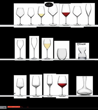 Atelier
             LB 0258922                  LB 0238924                   LB 0248746                LB 0298744                   LB 0288743                LB 0268751             LB 0228748
             Pinot Noir/Rioja            Riesling/Tocai               Riesling/ Tocai           Barolo/ Shiraz               Cabernet/ Merlot          Pinot. Rioja           Prosecco/Champagne
             H 10,3 - Ø 10,5             H 10,5cm - Ø 8,47            H 22cm - Ø 8,47           H 24,2cm -Ø 11,5cm           H 24,4cm -Ø 10,1          H 22cm -Ø 10,5cm       H 25,4cm - Ø 6,88cm
             Cj c/4 Copos                Cj c/ 4 copos                Cj 4 Taças                Cj 4 Taças                   Cj 4 Taças                Cj 4 Taças             Cj 4 Taças
                                                                      450ml                                                  650ml                     800ml                  280ml




                                                                                                                                                                  Elica

Magnifico
              LB 0828962                           LB 0818959                       LB 0838961                        LB 0849264                                      LB 0519069
              Small                                Flute                            Médium                            Aqua                                            Whisky
              H 23cm-Ø 8,2cm                       H 26cm-Ø 7,3cm                   H 24cm-Ø 8,9cm                    H 10,4cm-Ø 9,4cm                                H 10,4cm-Ø 9,1cm
              Cj 4 Taças                           Cj 4 Taças                       Cj 4 Taças                        Cj 6 Copos                                      Cj 4 Copos
              300ml                                300ml                            400ml                             500ml                                           300ml




Esperienze
              LB 0638734                               LB 0658733                        LB 0628735                  LB 0668730                                  LB 0117650
              Sauvignon Blanc/Riesling                 Chianti Clássico/Zinfandel        Champagne/Prosecco          Cabernet Sauvignon Super Tucans             SV 2
              H 21cm-Ø 8,9cm                           H 24,4cm-Ø 9,6cm                  H 25,4cm-Ø 6,6cm            H 24,2 cm-Ø 11,2cm                          Decanter Accademia
              Cj 4 Taças                               Cj 4 Taças                        Cj 4 Taças                  Cj 4 Taças                                  H 25cm- Ø 22cm
              450ml                                                                      250ml                       750ml                                       2000ml


150
 