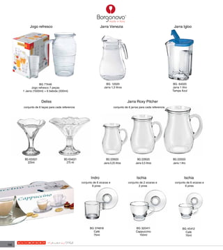 Jogo refresco                                        Jarra Venezia                                            Jarra Igloo




                   BG 77446                                          BG 12020                                           BG 64020
             Jogo refresco 7 peças                                 Jarra 1,3 litros                                     Jarra 1 litro
      1 Jarra (1500ml) + 6 bebida (330ml)                                                                               Tampa Azul


                    Deliss                                                             Jarra Roxy Pitcher
      conjunto de 6 taças para cada referencia                              conjunto de 6 jarras para cada referencia




       BG 633021                     BG 634021                       BG 229020                BG 229520                 BG 220020
         225ml                        275 ml                       Jarra 0,25 litros         Jarra 0,5 litros           Jarra 1 litro




                                                        Indro                                 Ischia                               Ischia
                                                 conjunto de 6 xicaras e               conjunto de 2 xicaras e            conjunto de 6 xicaras e
                                                         6 pires                               2 pires                            6 pires




                                                       BG 374818                              BG 320411                          BG 45412
                                                         Café                                 Cappuccino                           Café
                                                         75ml                                   150ml                              70ml


156
 