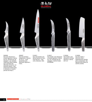 G00008                      G00007                 G 00011                    G 00017                       G 00034               G 00005
faca para descascar e       faca de arremate /     faca chef estreita com     faca forjada para descascar   faca forjada para     faca tipo chefe c/
tornear legumes c/ lâmina   acabamento c/ lâmina   lâmina flexível de 15cm.   e tornear legumes c/ lâmina   descascar e tornear   lâmina de 18cm -
de 7cm “formato bico de     de 10 cm – muito       Uma faca faz – tudo,       de 7cm “formato bico de       legumes c/ lâmina     especialmente indicada
papagaio” ( por exemplo:    apropriada para        corta, descasca, fatia.    papagaio”, mesma função       de 5 cm.              para a preparação dos
usada para deixar batatas   descascar legumes e                               da G00008.                                          legumes para pratos da
que a princípio tem         frutas.                                                                                               cozinha oriental.
diferentes tamanhos, em
tamanhos iguais, o que
proporciona mesmo peso
e cozimento no mesmo
período de tempo ).




186
 