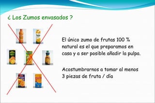 ¿ Los Zumos envasados ?


                   El único zumo de frutas 100 %
                   natural es el que preparamos en
                   casa y a ser posible añadir la pulpa.


                   Acostumbrarnos a tomar al menos
                   3 piezas de fruta / día
 