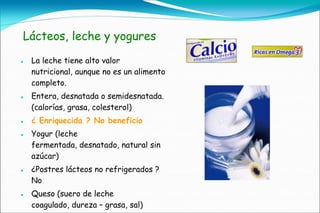 Lácteos, leche y yogures
   La leche tiene alto valor
    nutricional, aunque no es un alimento
    completo.
   Entera, desnatada o semidesnatada.
    (calorías, grasa, colesterol)
   ¿ Enriquecida ? No beneficio
   Yogur (leche
    fermentada, desnatado, natural sin
    azúcar)
   ¿Postres lácteos no refrigerados ?
    No
   Queso (suero de leche
    coagulado, dureza – grasa, sal)
 